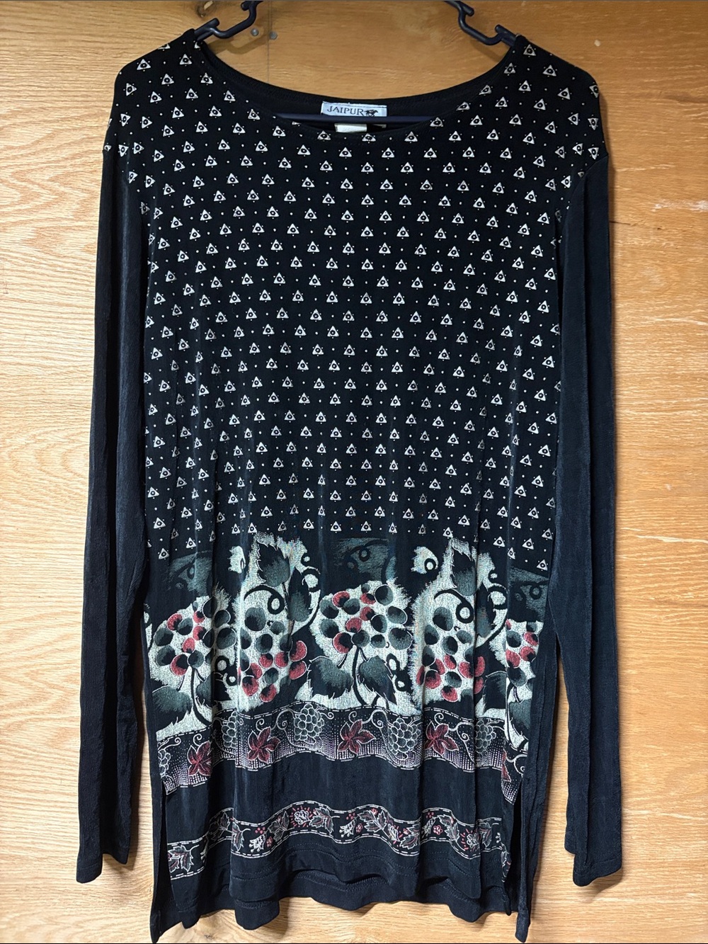 Jaipur Black Crewneck tunic knit blouse with Red and Cream Floral Border